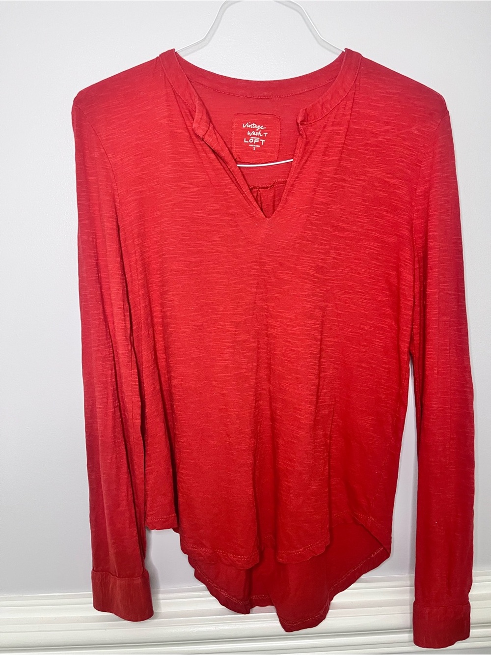 LOFT Red Slub V-Neck Long Sleeve Top
